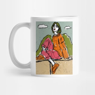 A girl sitting on a balcony Mug